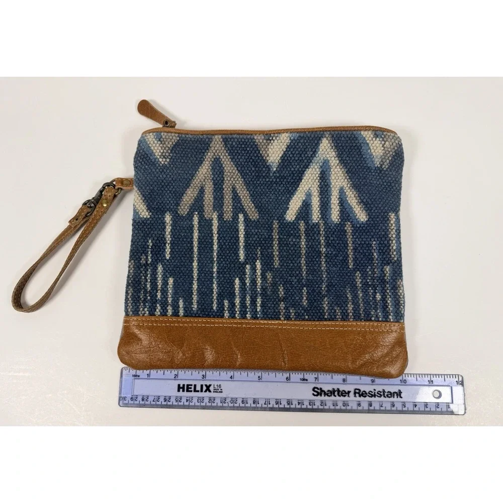 Myra Bag Leather Woven Cotton Canvas Aztec Wristlet Clutch Bag